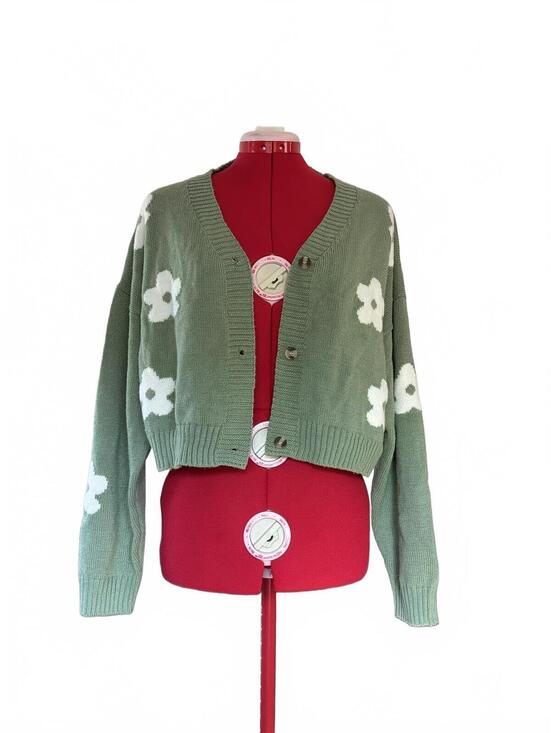 Mahina Sweaters - Green Cropped Cardigan with White Daisy Pattern
